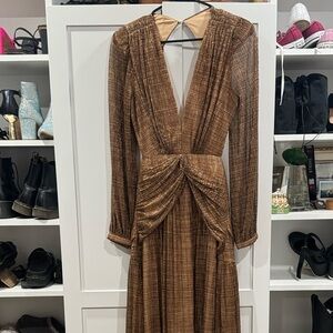 Gianni Bini Metallic Brown Pleated Knot-Front Maxi Dress